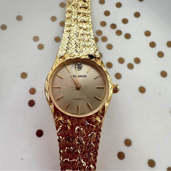 Helbros Vintage Gold Nugget Texture Diamond Chip Women Quiet Luxury Round Watch - Picture 7 of 9